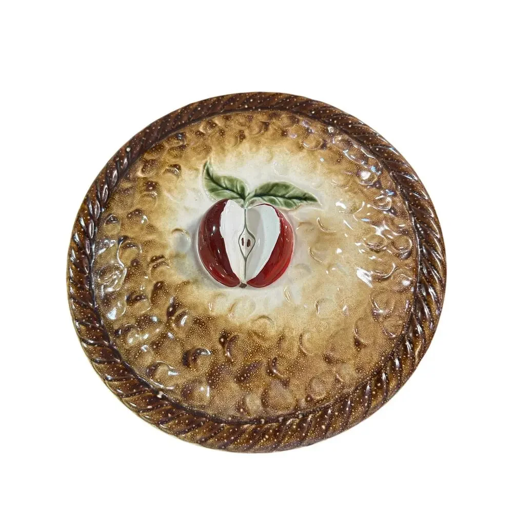 Vintage Style Ceramic Apple Pie Keeper Covered Pie Dish Raised Apple Farmhouse